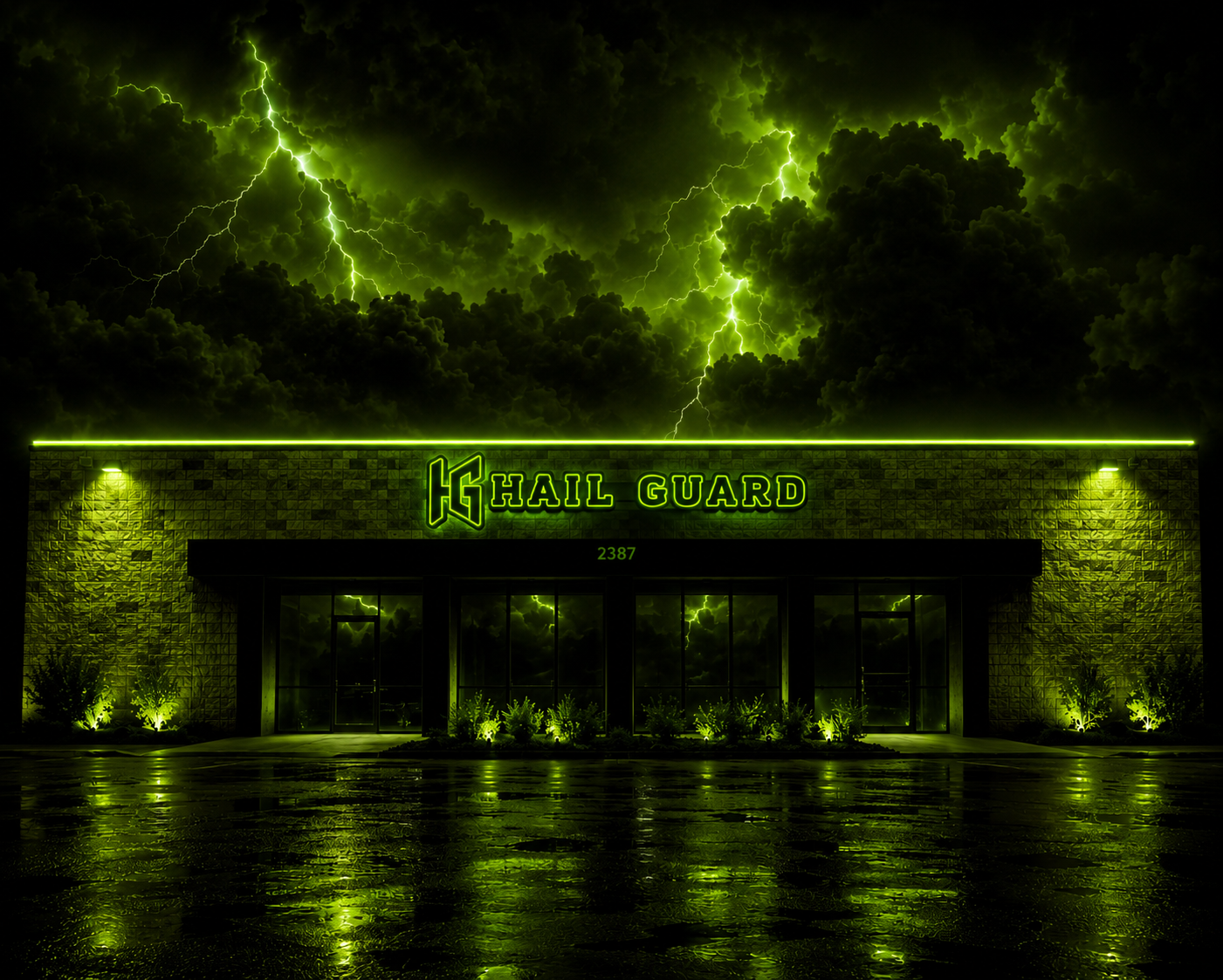 Hail Guard Automotive Repairs building under neon green storm skies — Dallas hail repair